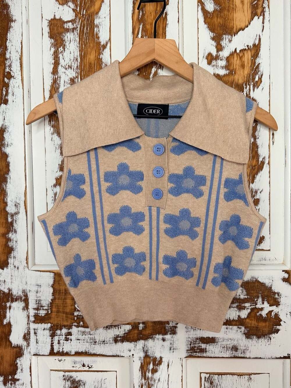 ☀️Cider Polo Knit Sweater Vest Size M Blue Floral Pattern Eclectic Grandpa Y2K